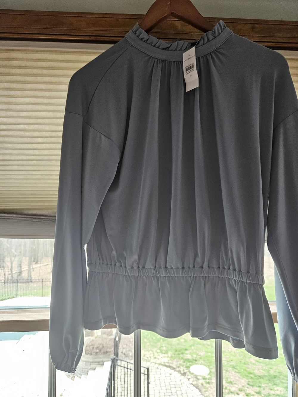 Ann Taylor Ruffle Neck Peplum Long-Sleeve Top - Dusty Blue